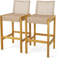Tangkula Patio Wood Barstools Set of 2, PE Rattan Bar Height Chairs with Backrest, Stable Metal Frame, 400 lbs Max Load, Light Brown PE Wicker Bar Chairs for Porch, Backyard, Balcony (2)