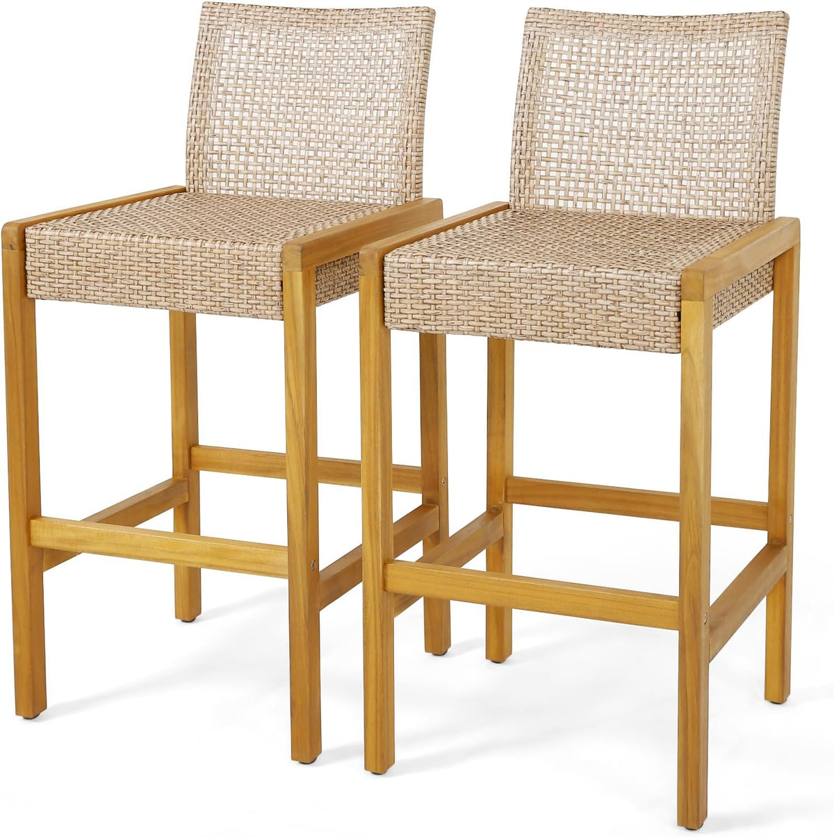 Tangkula Patio Wood Barstools Set of 2, PE Rattan Bar Height Chairs with Backrest, Stable Metal Frame, 400 lbs Max Load, Light Brown PE Wicker Bar Chairs for Porch, Backyard, Balcony (2)