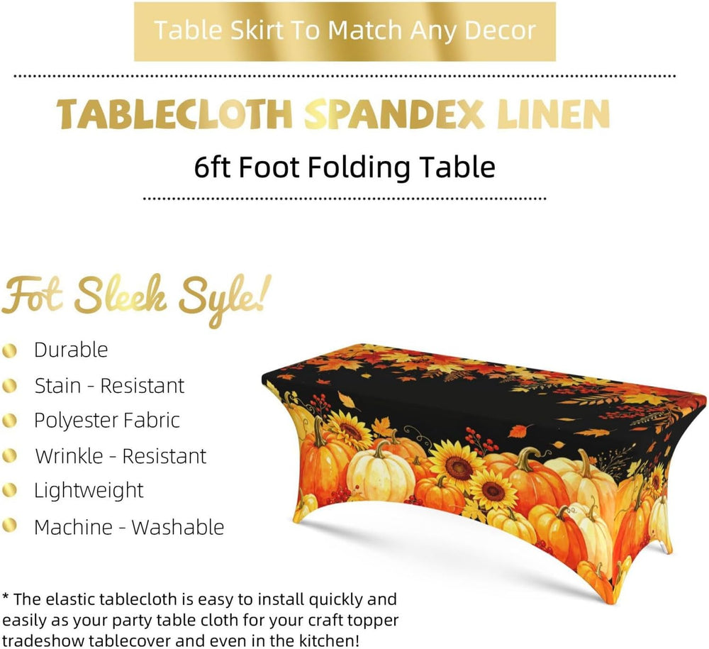 Fall Tablecloth Pumpkin Rectangle Spandex Tablecloth 6FT, Autumn Fall Decor