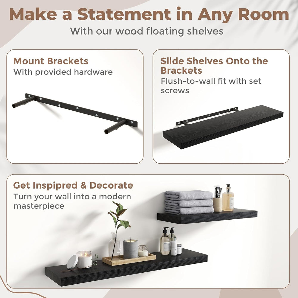 40 Inch Floating Shelves, 9"Deep Wall Shelf, 60 Lbs Capacity, Black, 2pcs