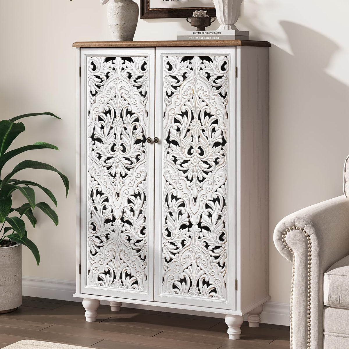 JOINICE 47" Tall Accent Cabinet with Doors & Storage for Living Room,White