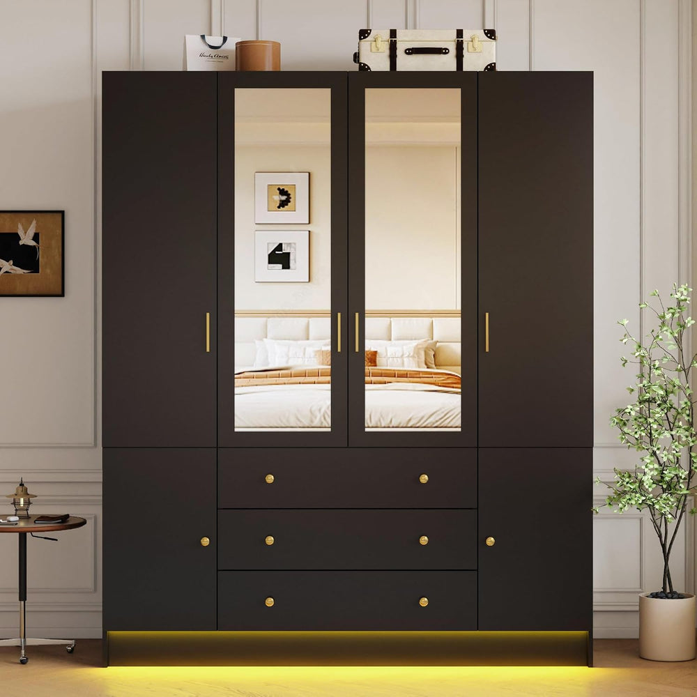 4 Doors LED Armoire Wardrobe Closet with Mirror, 75" Tall Modern Wooden ...