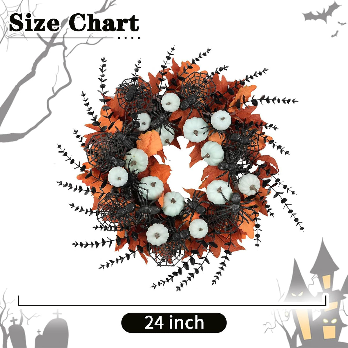 Idyllic 24" Halloween Wreath Pumpkins Maple Black Spiders for Front Door