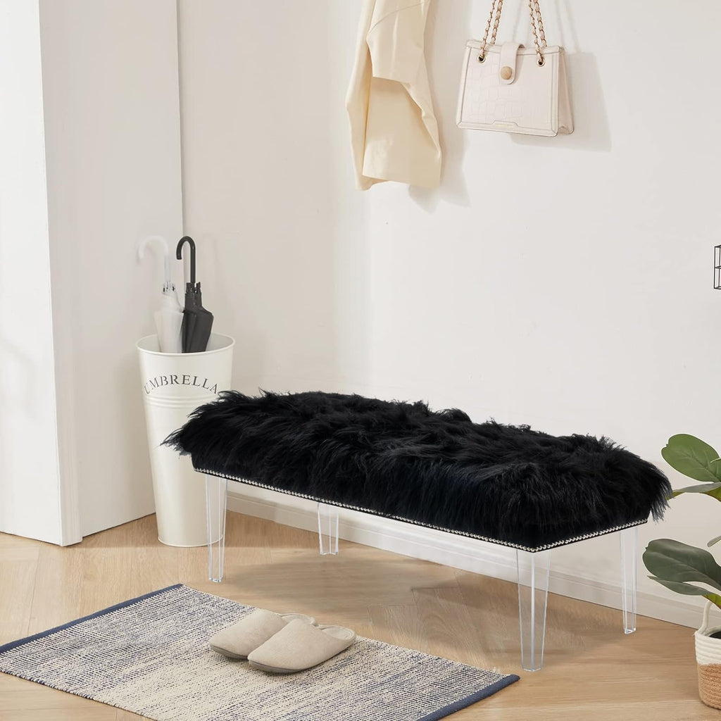 Modern Black Faux Fur Ottoman Bench - Upholstered Furry Bench with Acrylic Legs for Bedroom, Living Room, Entryway, Vanity or Bed End