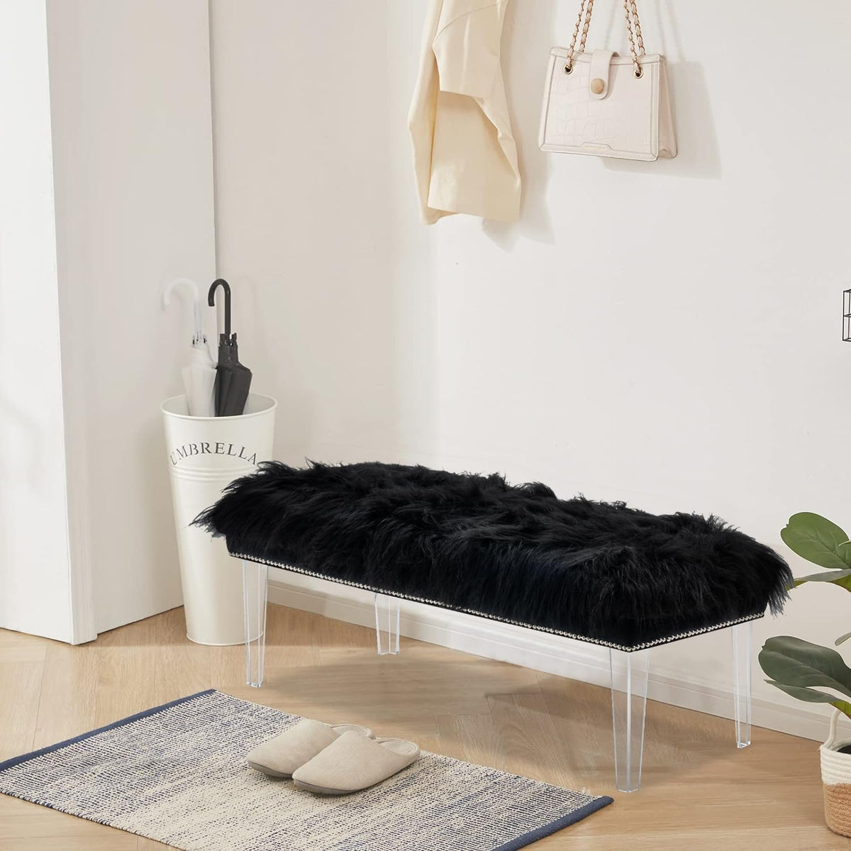 Modern Black Faux Fur Ottoman Bench - Upholstered Furry Bench with Acrylic Legs for Bedroom, Living Room, Entryway, Vanity or Bed End