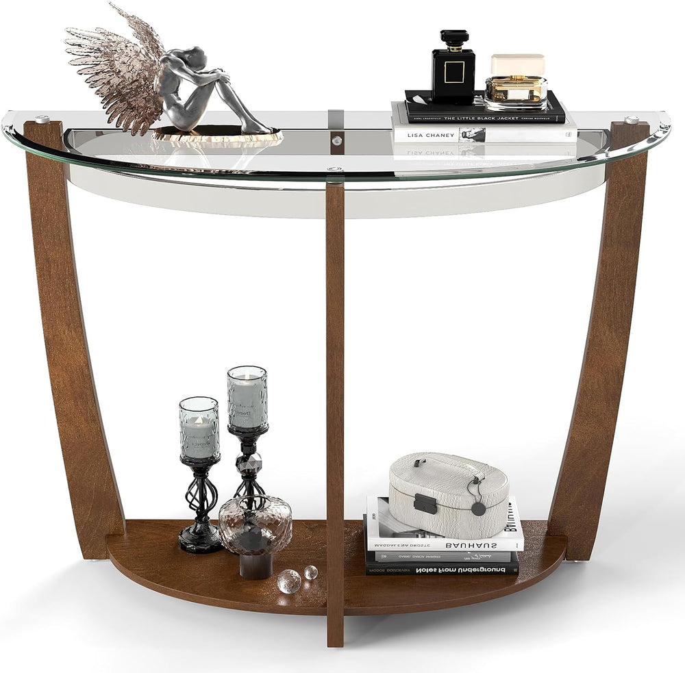 GIANTEX 2-Tier Glass Console Table, Half Moon Modern Entryway Table