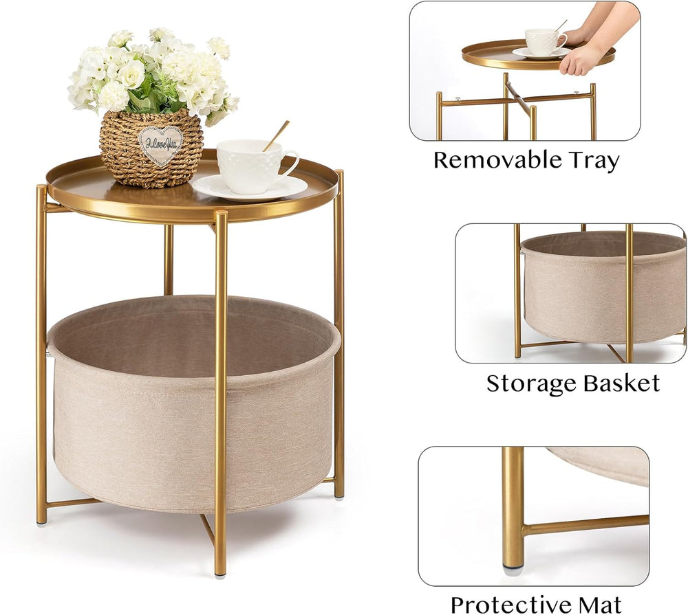 danpinera Gold Side Table with Basket, Small Round Table for Living Room