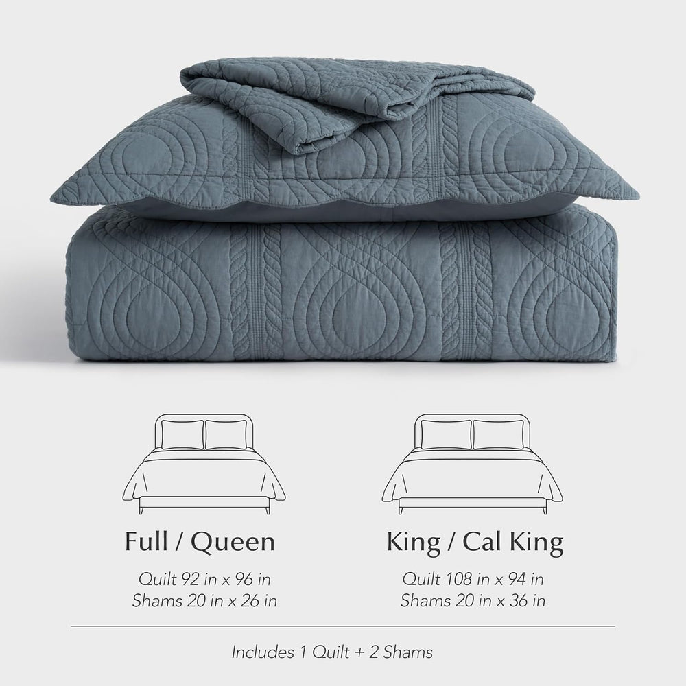 EverGrace 100% Cotton Scallop Quilt Set, King Size, Stormy Blue
