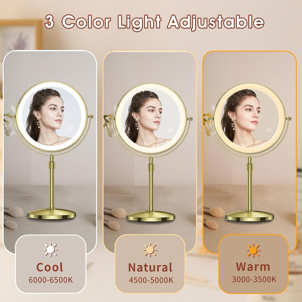 MILPROX Adjustable Height Makeup Mirror with 10X Magnifying & Light, Gold
