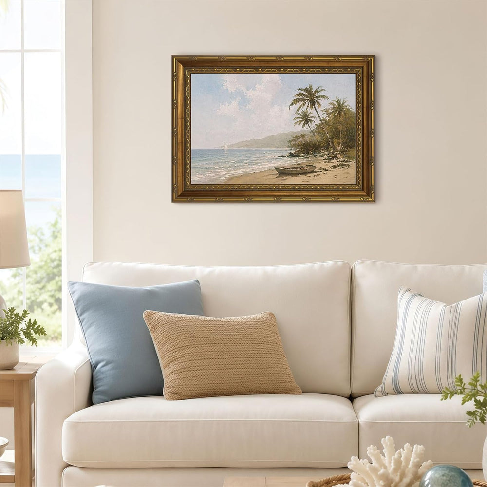 Vintage Tropical Beach Palm Tree Landscape Art, Gold Framed Canvas Print