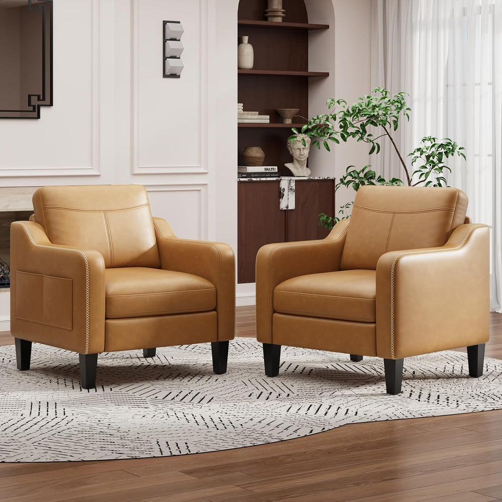 MALOL PU Leather Accent Chair Set of 2 with Solid Wood Frame, Brown