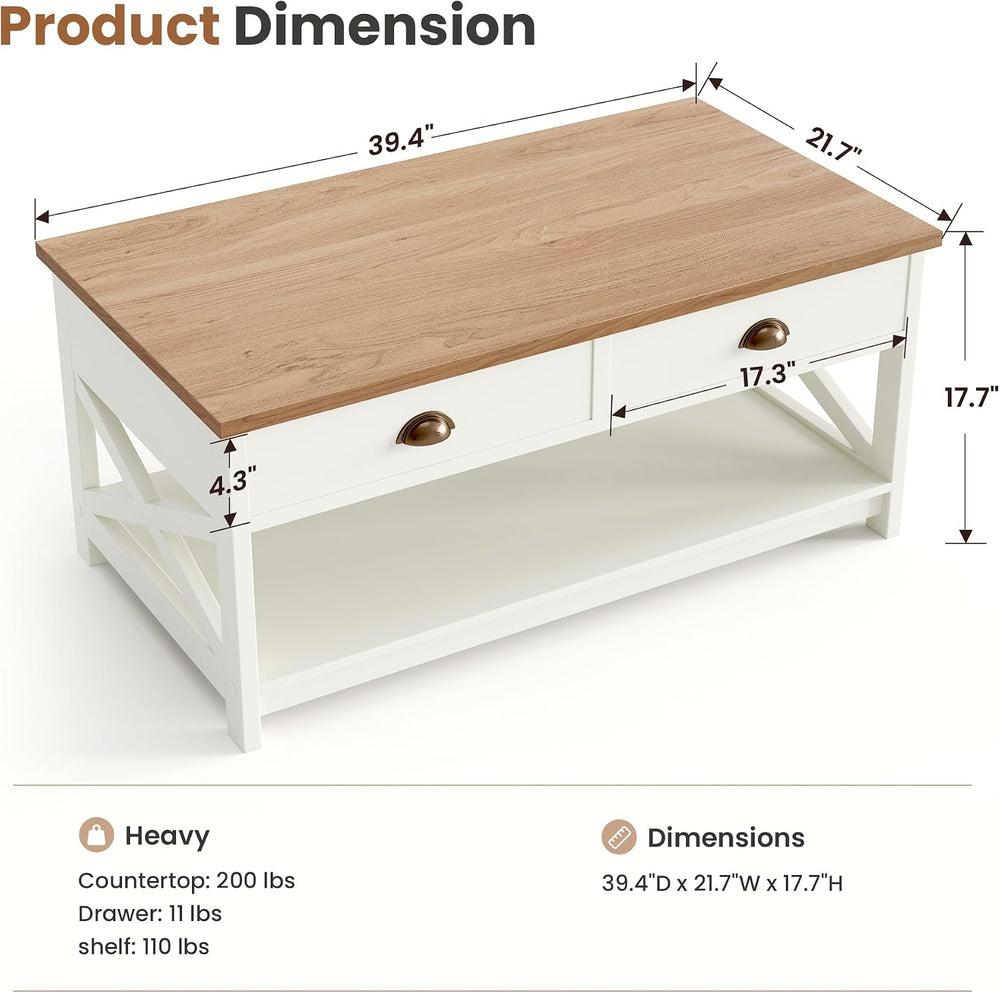 PHI VILLA White Coffee Table with Drawers,2 Tiers Living Room Coffee Table