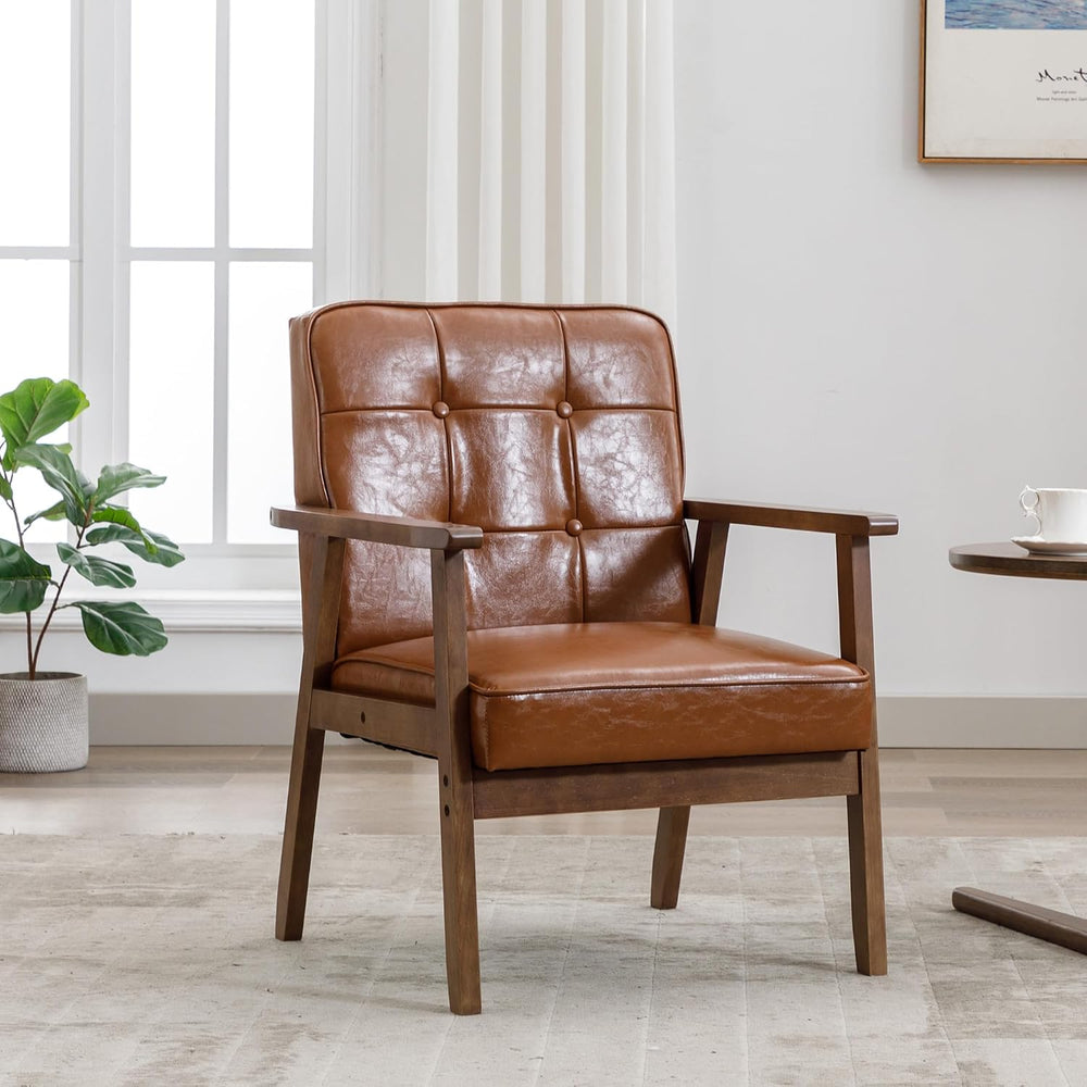 Okeysen Mid Century Modern Accent Chair, Retro Wood Leather Armchairs Side Ch...