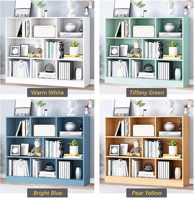 IOTXY Open Shelf Low Bookcase - Wooden 3-Tier Floor Standing Display Cabinet Organizer with Base, 8 Cubes Short Horizontal Bookshelf in Bright Blue