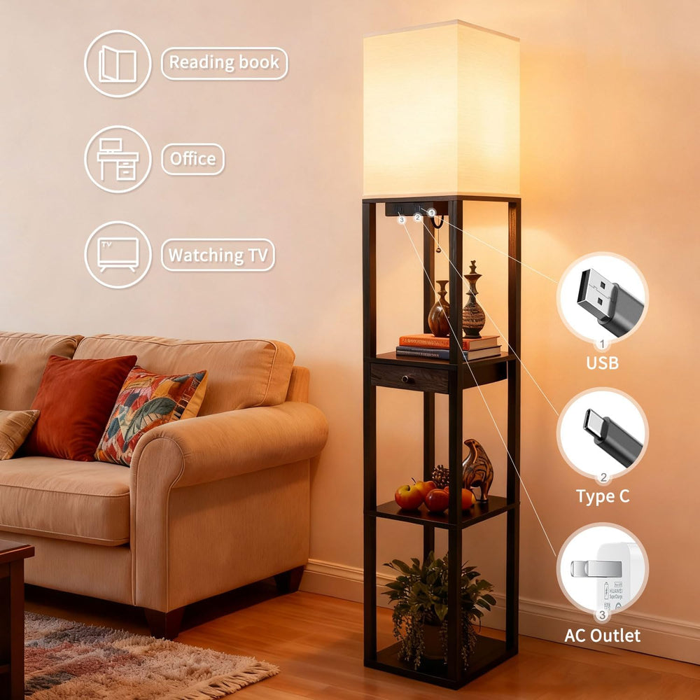 Shelf Floor Lamp with 1 Drawer,2 USB-C Ports,1 AC Outlets, Modern Wood Floor ...