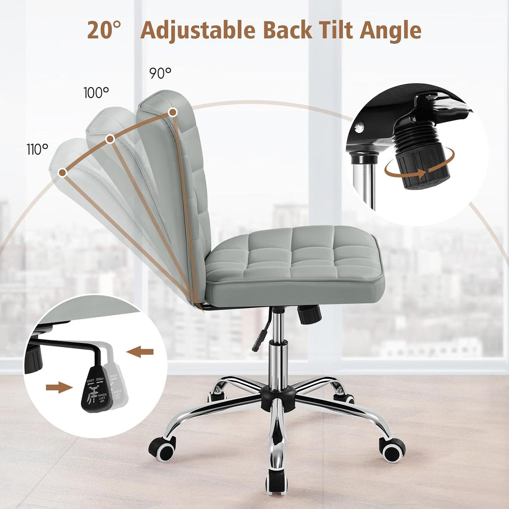 Yaheetech Light Gray Tufted Armless Desk Chair with Wheels, Faux Leather