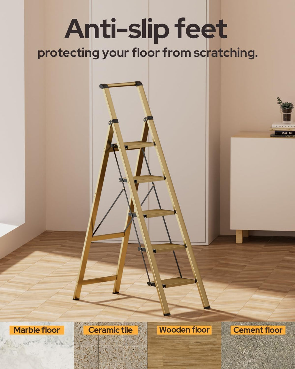 5 Step Ladder, Foldable 5 Step Stool, Gold