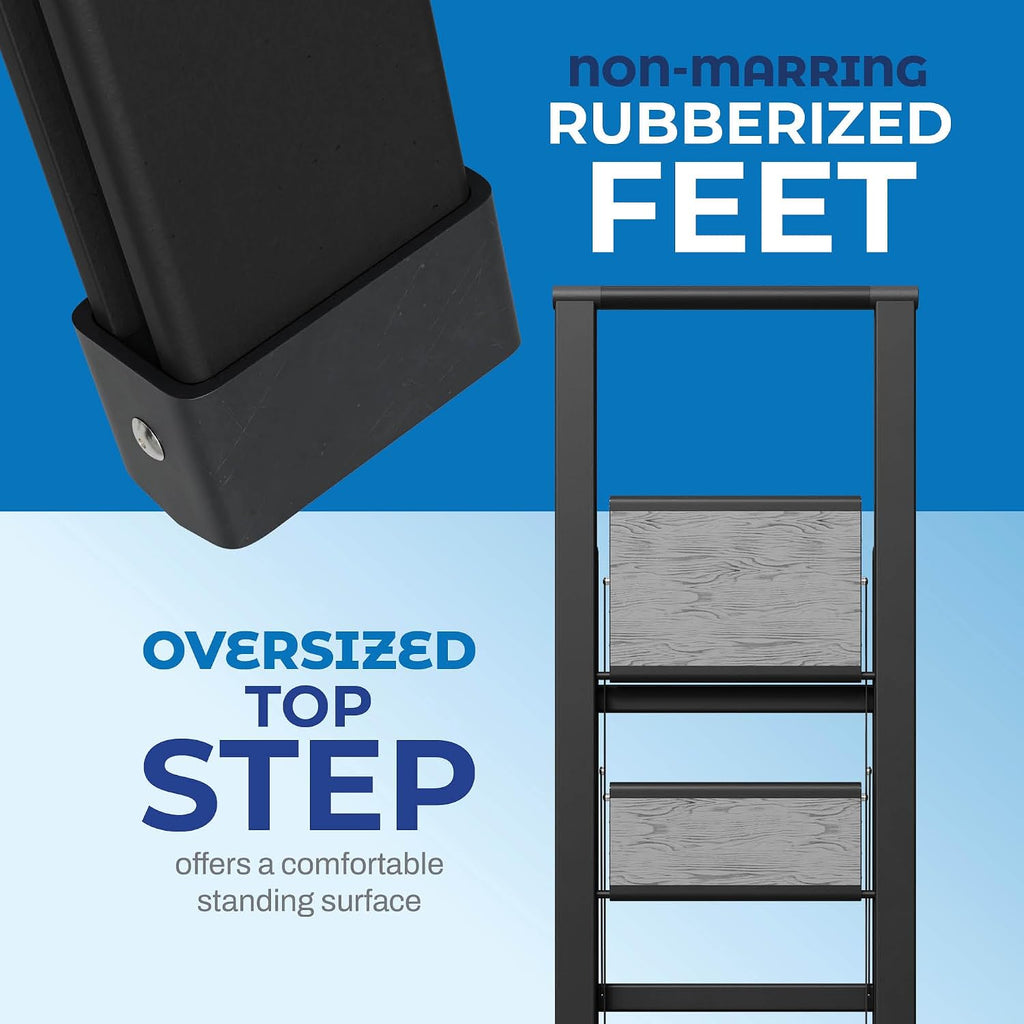 Step Ladder 3 Step Folding, Decorative - Beautiful Gray Wood & Black Aluminum, Ultra Slim Profile, Anti Slip Steps, Sturdy-Portable for Home, Office, Kitchen, Photography Use,by SORFEY