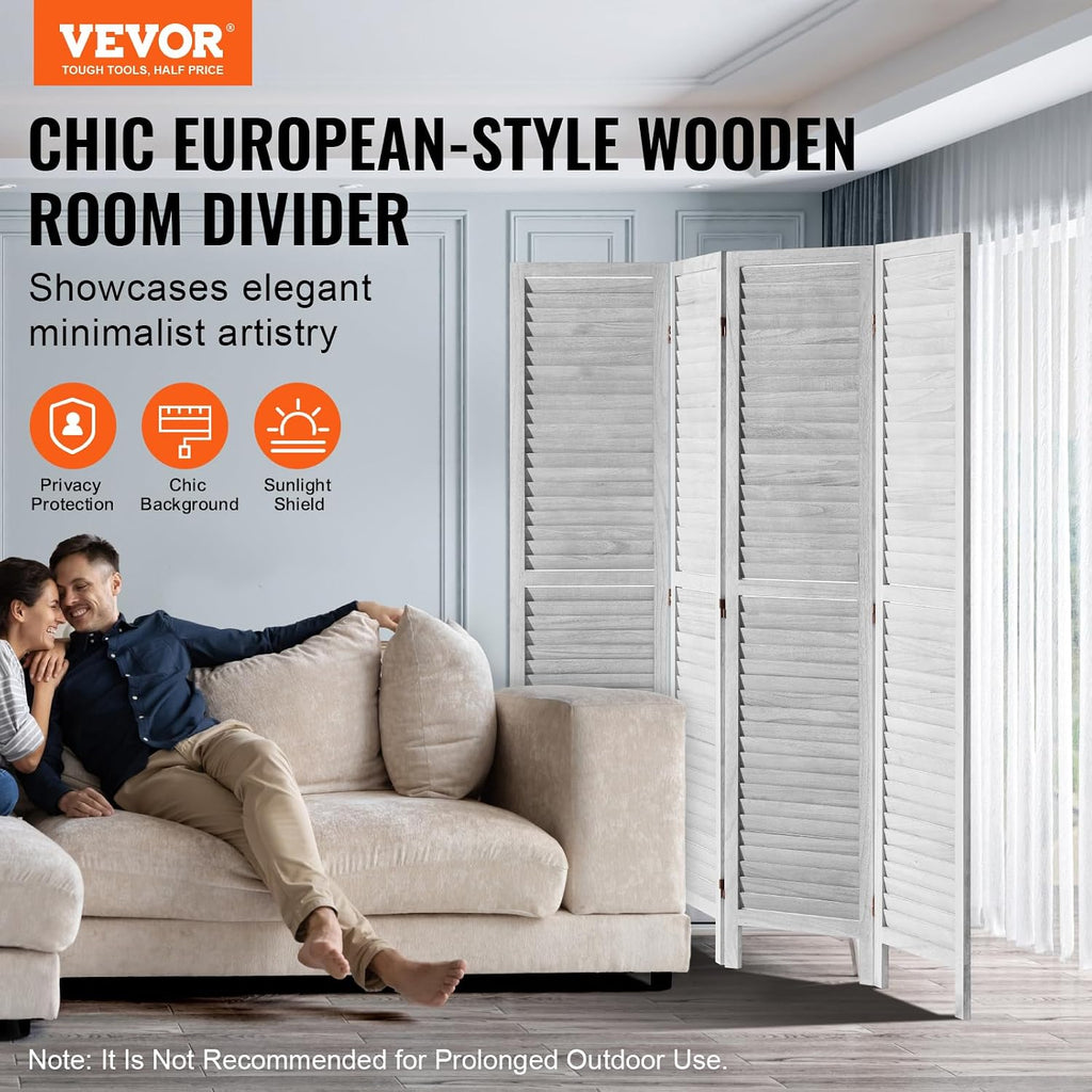 VEVOR Wood Room Divider, 4 Panel Folding Privacy Screen, 66.9 Inches Tall Indoor Wooden Partition, Portable Decoration Screen, for Room Separation, Home, Office, Restaurant & Bedroom (Light Grey)
