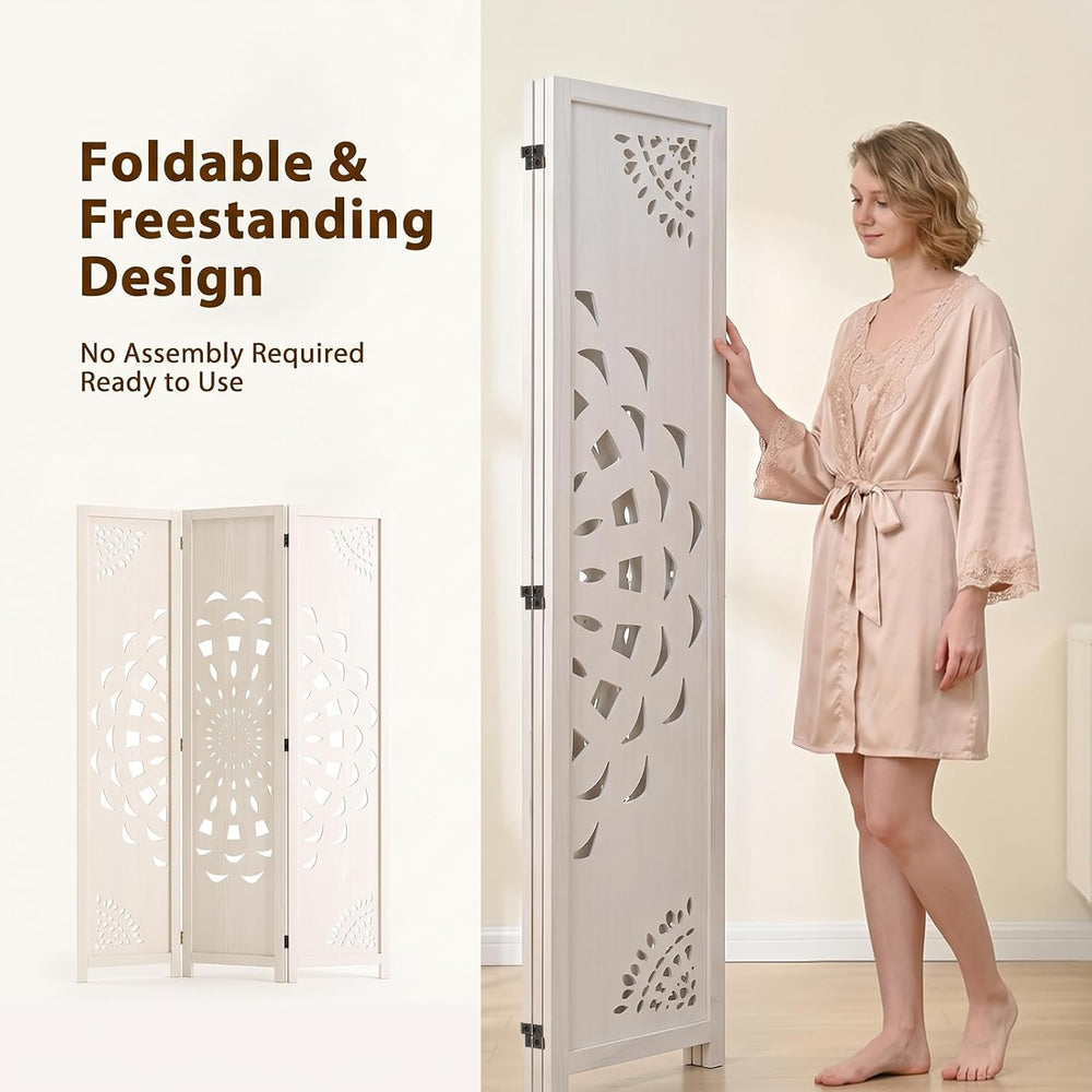 3 Panel Room dividers, 66.9" Boho Double-Sided Carved Screen, White