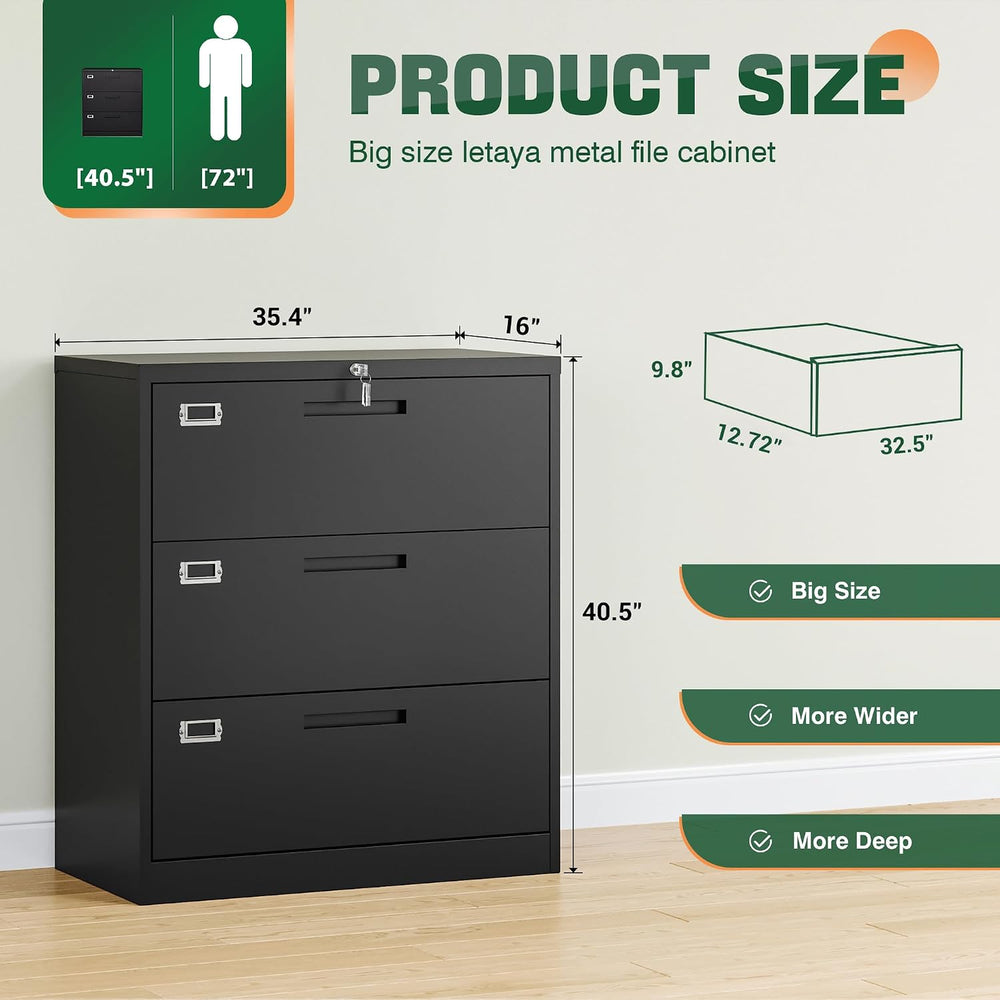 Letaya Lateral 3 Drawer File Cabinets with Lock, Metal Filing Storage Vertica...