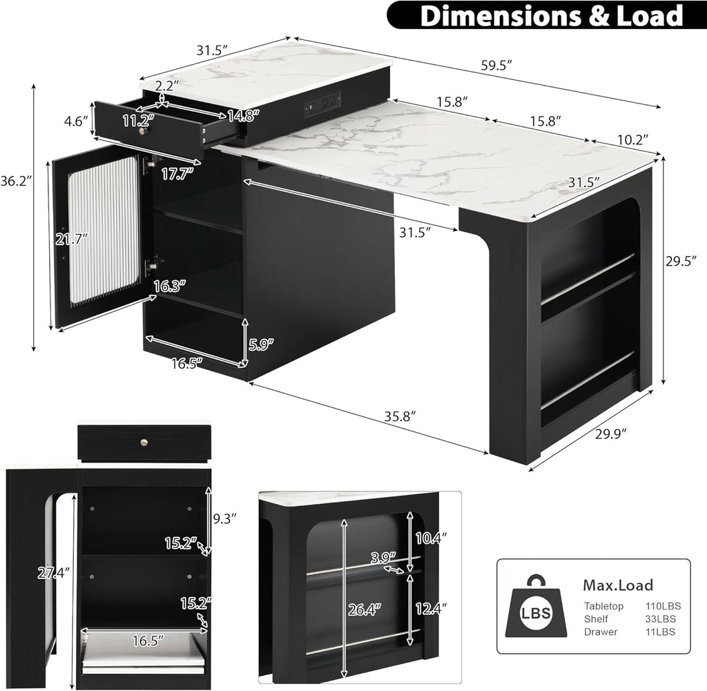 Virubi 59.5" Kitchen Island with Extendable Dining Table, Kitchen Storage Table with Double-Sided Storage & 2 Drawers, Power Outlet, Side Open Shelves, for Dining Room (Black3)