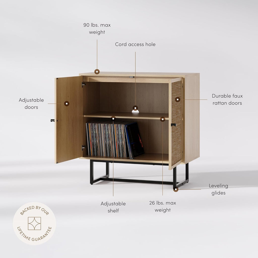 Nathan James Kova Accent Sideboard Storage Cabinet in Light Wood and Rattan with Metal Frame, Adjustable Shelves and Cane Doors, for Hallway, or Living Room, Light Oak/Cane/Black