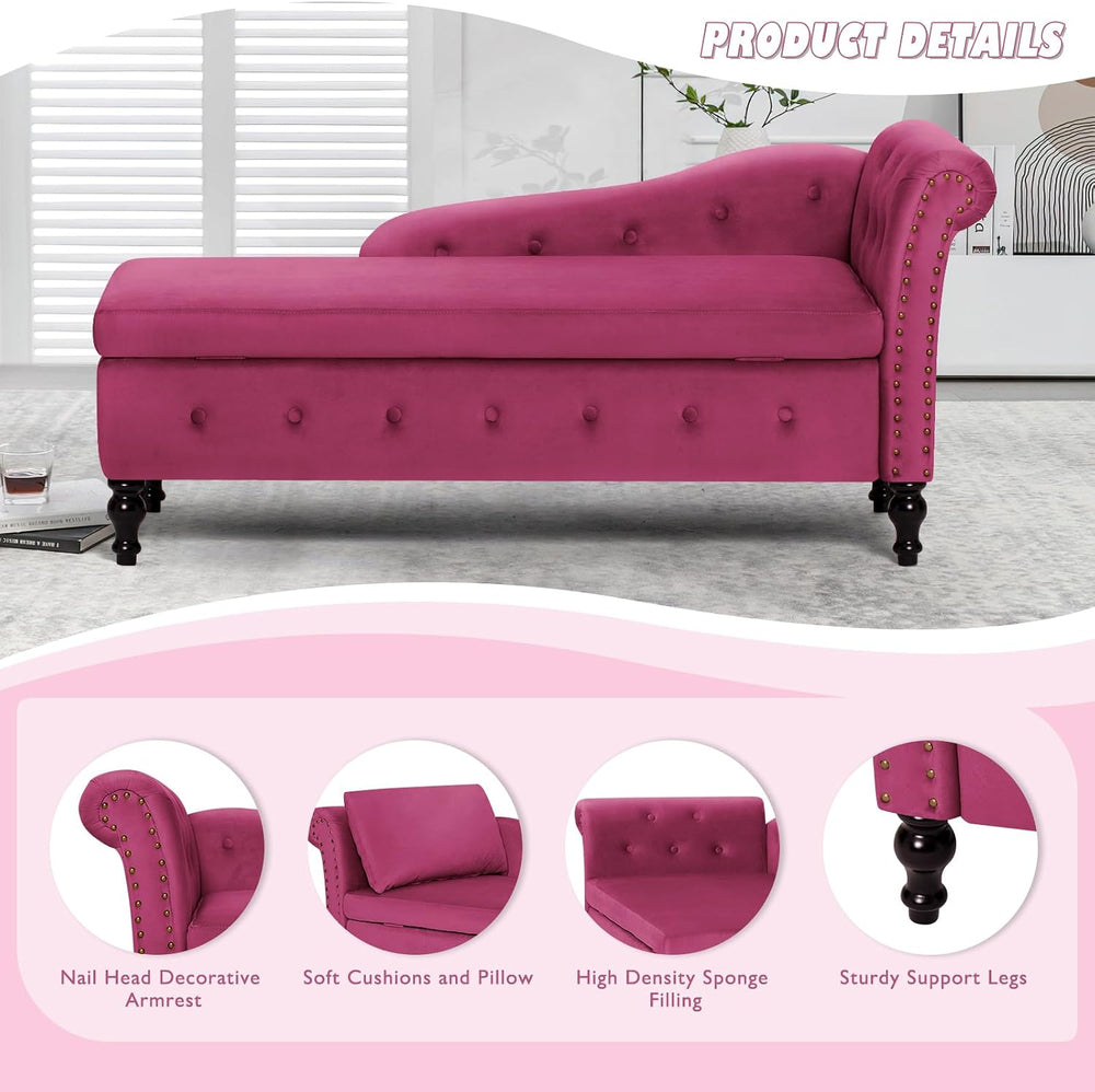 Velvet Chaise Lounge w/Right Armrest & Storage Space, Fuchsia