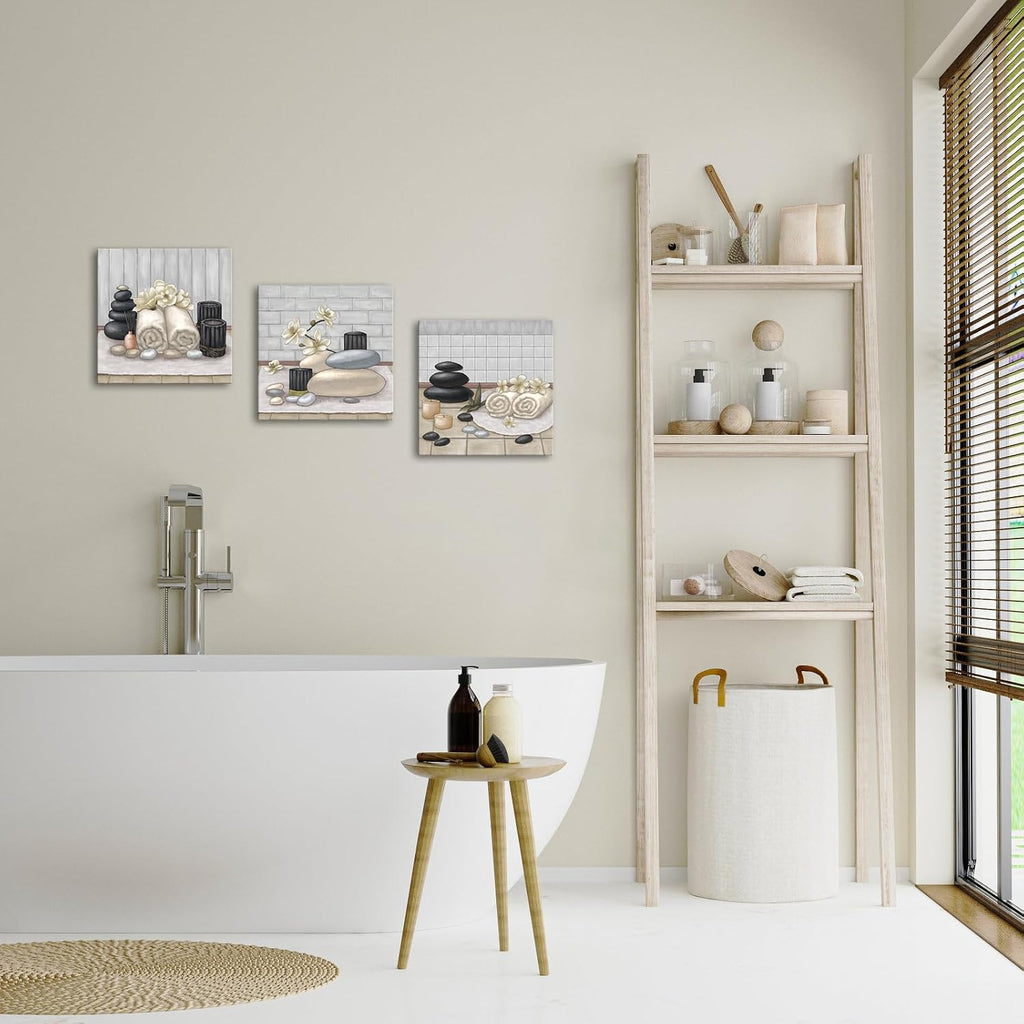 RnnJoile Spa Canvas Wall Art Zen Stone Orchid Picture Painting Beige Still Life Prints for Bathroom Zen Meditation Room Decor Framed 12"x12" for Each