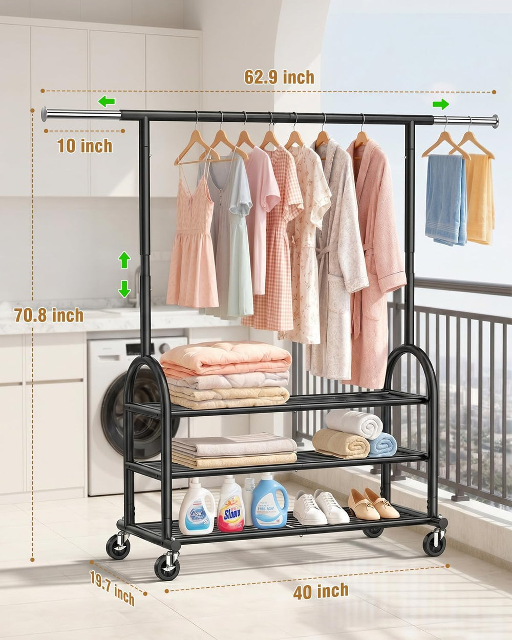 EAGMAK Rolling Clothes Rack Heavy Duty Clothing Racks with 3 Shelves, Black