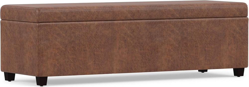 SIMPLIHOME Avalon 48" Wide Vegan Leather Storage Ottoman in Saddle Brown