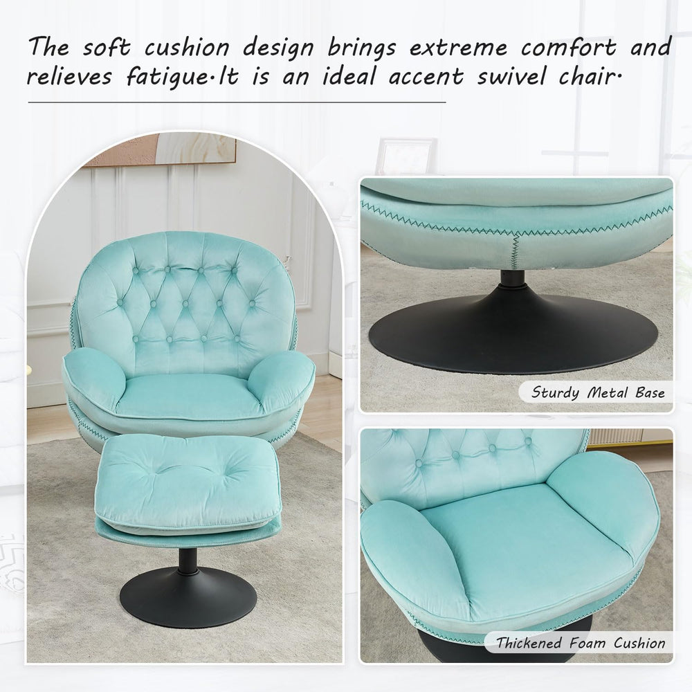 Swivel Accent Chair with Ottoman Set, Velvet Modern Lounge Chair with Metal B...