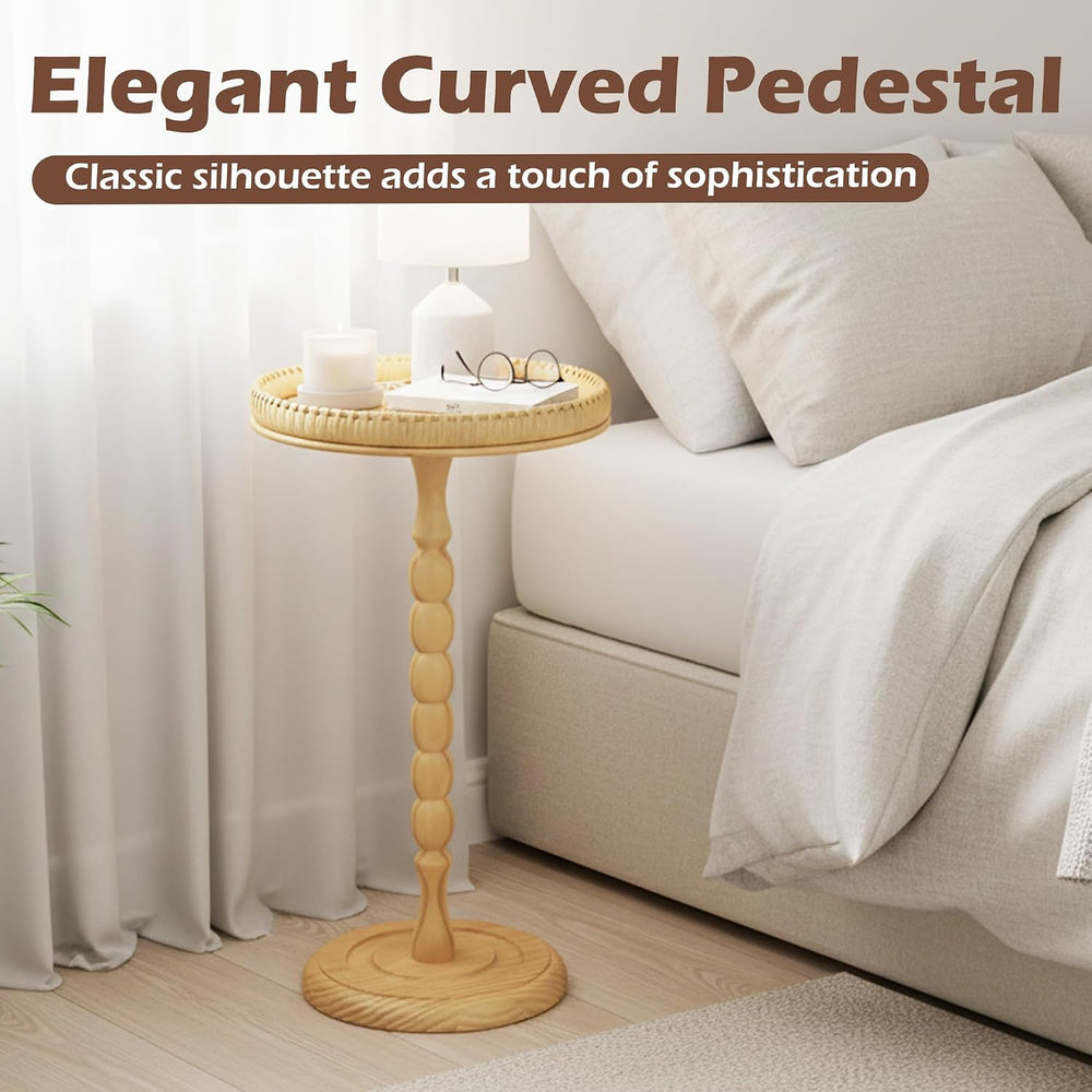 Drink Table, Rattan Round Small Side Table with Soild Leg for Small Spaces