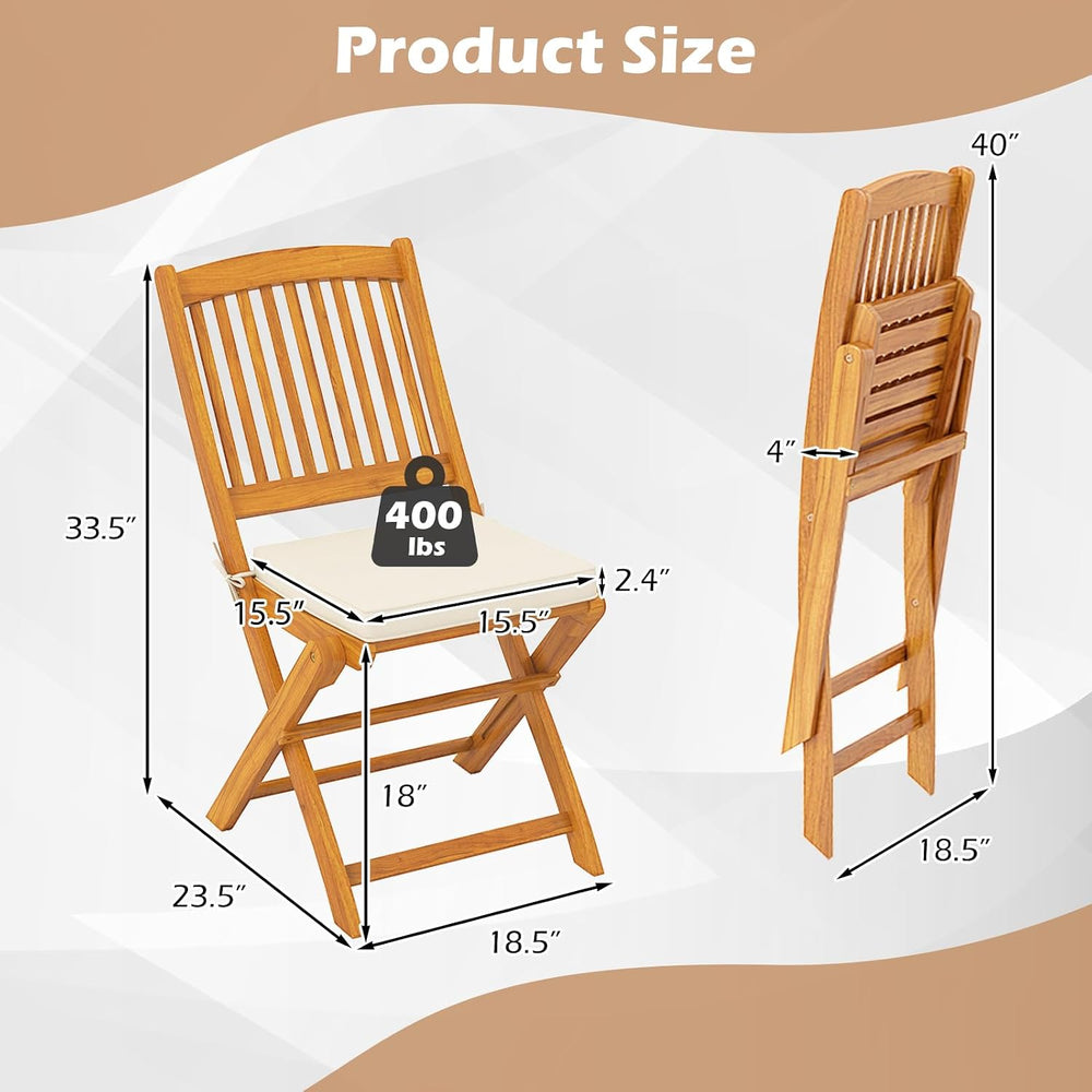 HAPPYGRILL Outdoor Folding Chairs Set of 4, Acacia Wood High-Back Chair w/Sea...