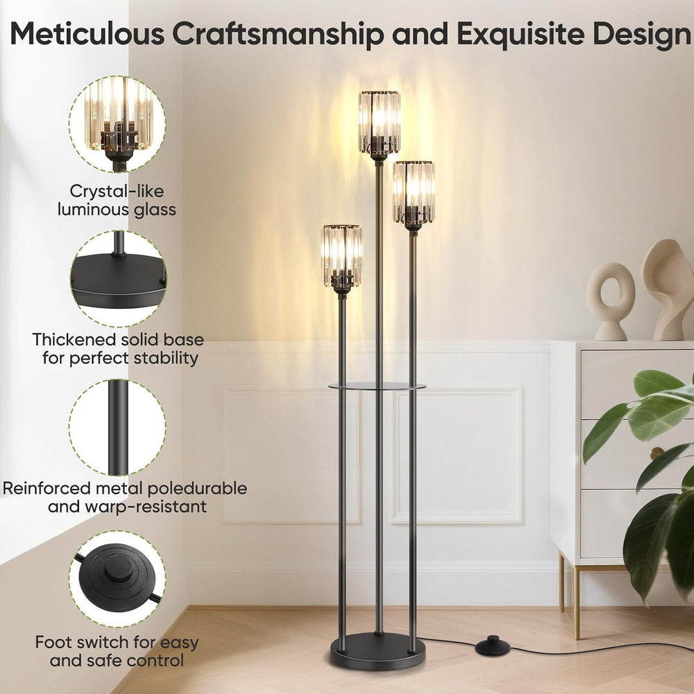 Crystal Standing Floor Lamp with Shelves for Living Room 67" Tall Black
