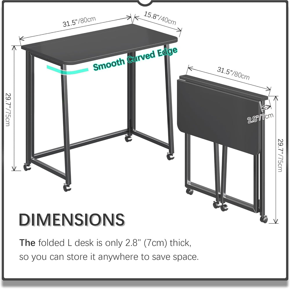 4NM 31.5" Mobile Small Folding Desk, Foldable Rolling Computer Home Offi...