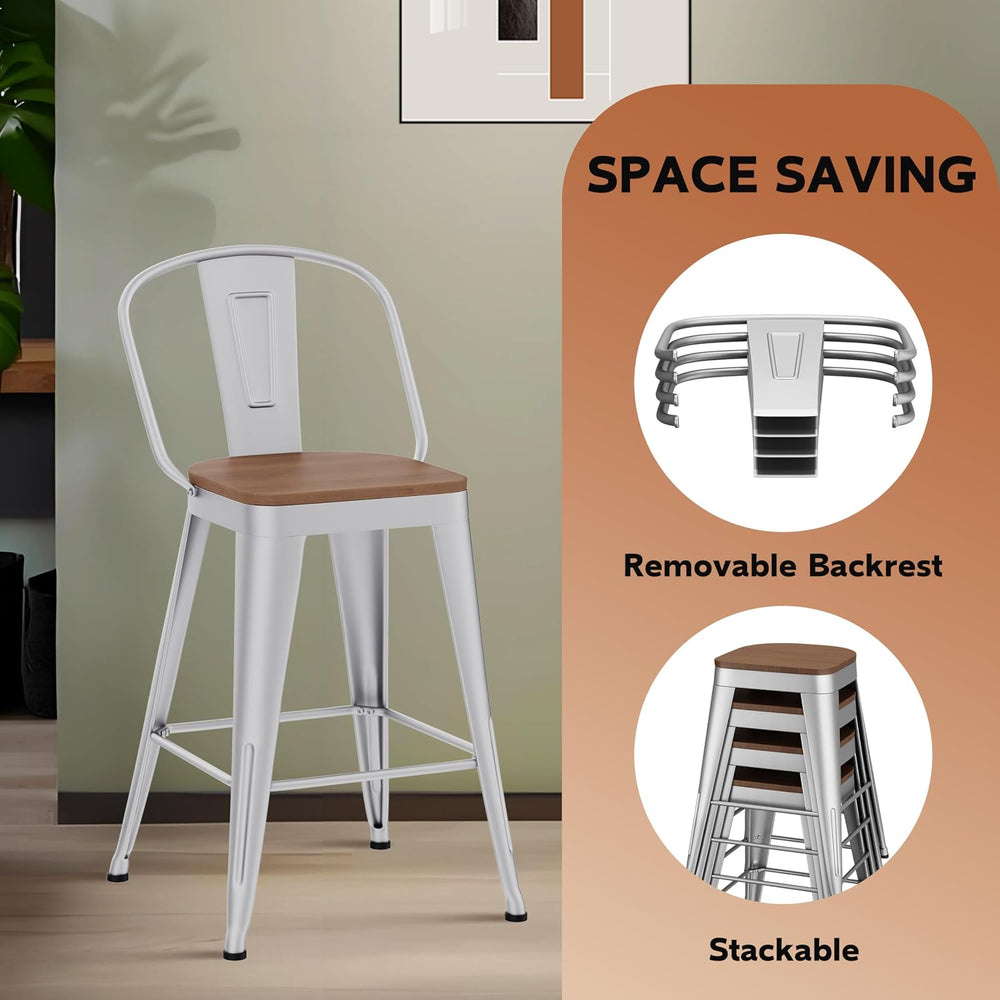 Bar Stools Set of 4, 30" Metal Bar Height Stools with Back Silver