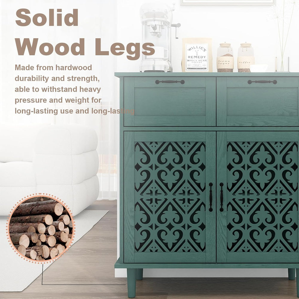 Green Buffet Sideboard Cabinet with 2 Doors 2 Drawers- Accent Cabinet with Ad...
