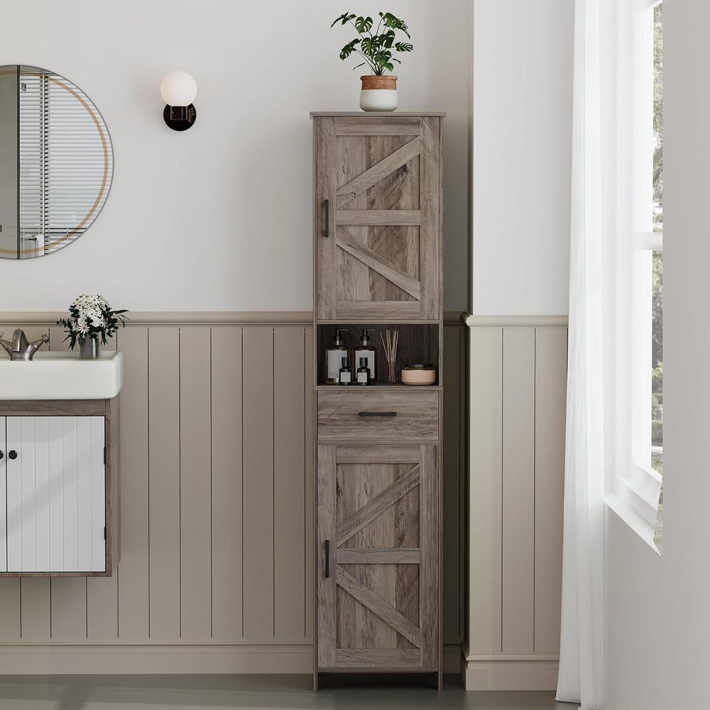 Homhedy 67" H Tall Bathroom Storage Cabinet with Barn Doors and Drawer
