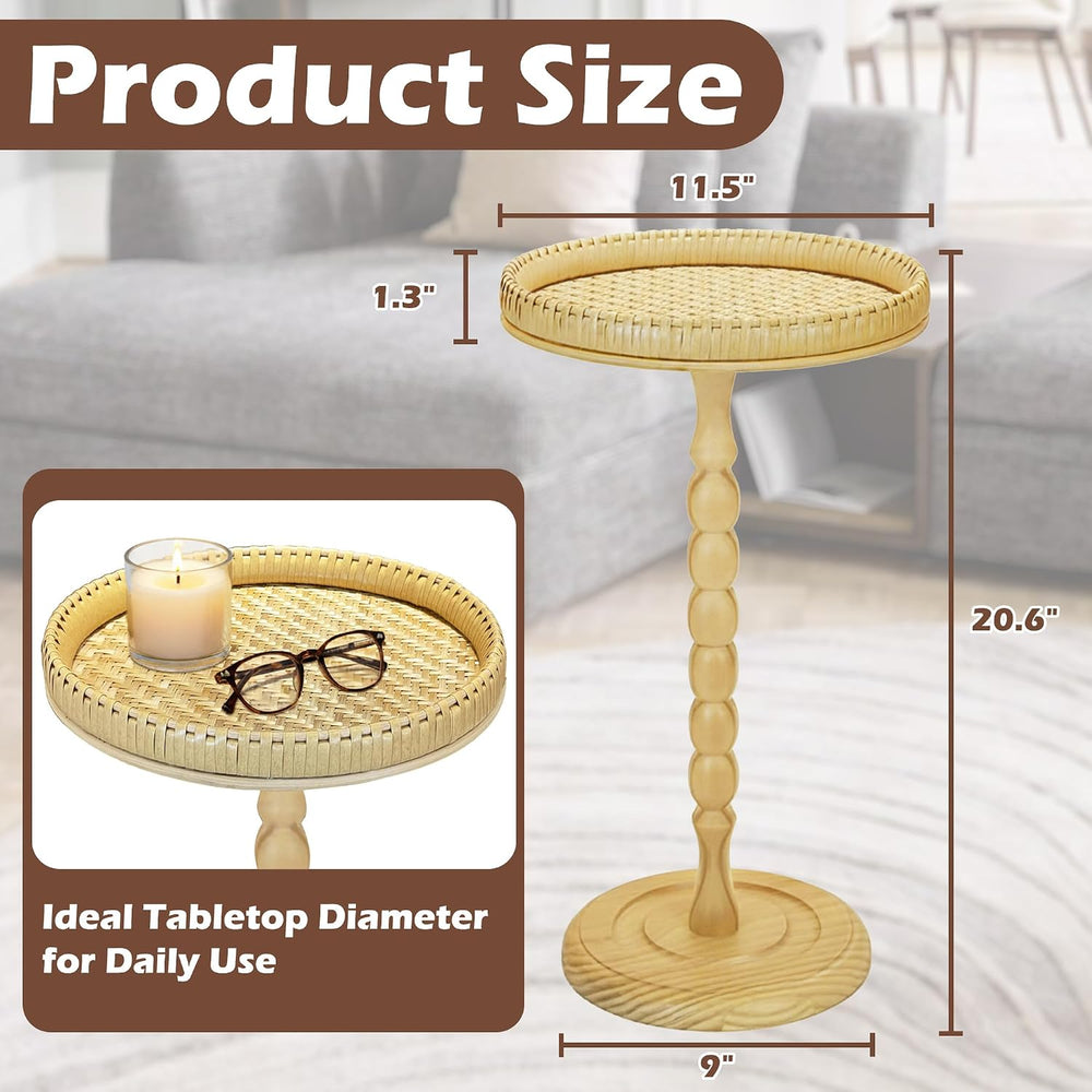 Drink Table, Rattan Round Small Side Table with Soild Leg for Small Spaces