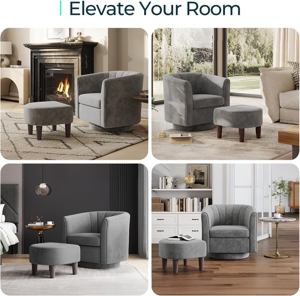 LINSY 360° Swivel Accent Chairs Set of 2, Modern Velvet Chair with Ottoman, C...