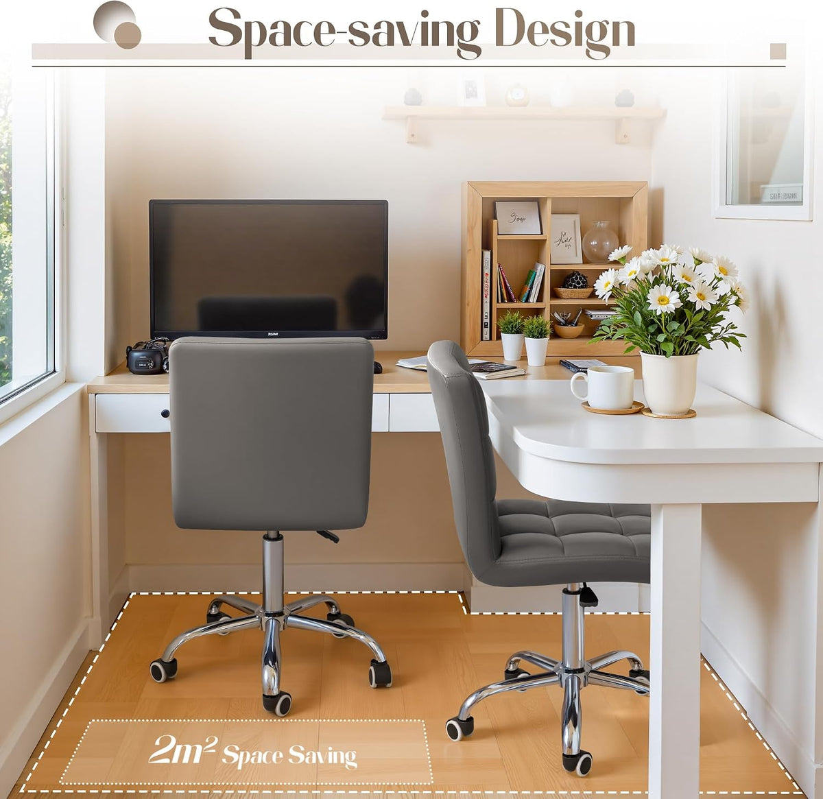 Furmax Small Office Chair with Wheels,Vanity PU Leather Desk Chair Modern Adjustable Home Desk Retro Comfortable Work Chair 360 Degree Swivel with Arms (Grey)