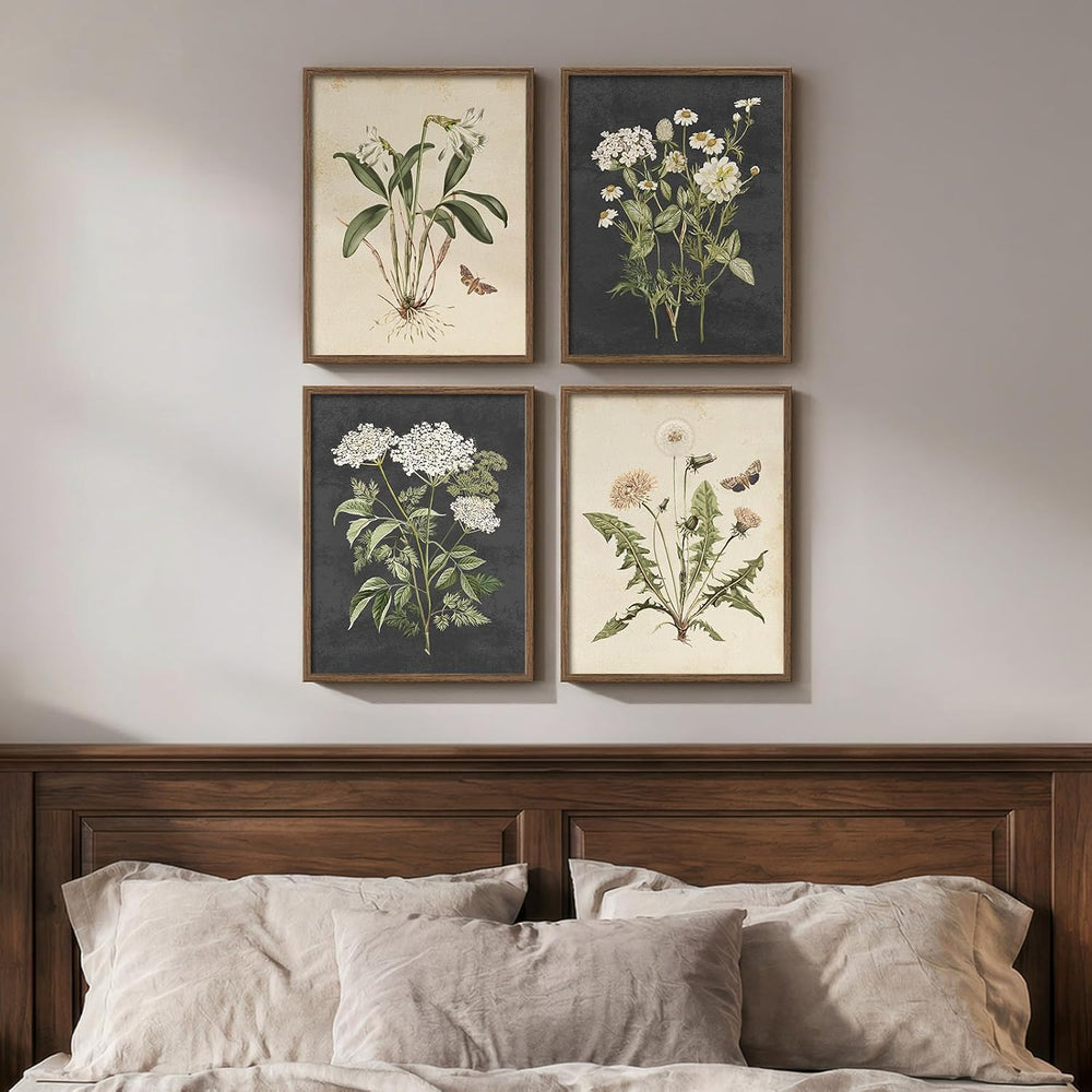 Framed Vintage Botanical Floral Wall Art for Bedroom, 4 Piece 11x14 In