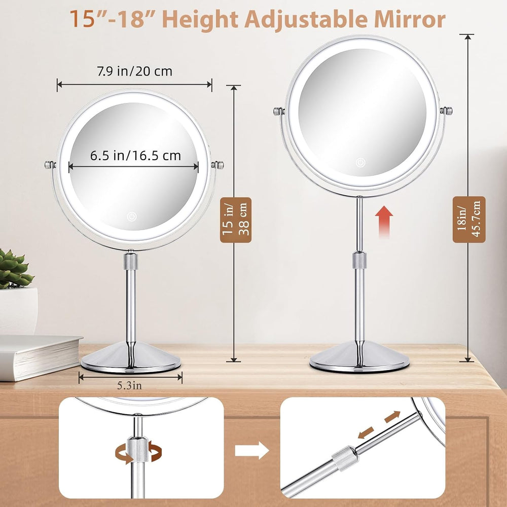 8" Tall Lighted 1X/10X Magnifying Makeup Mirror, Adjustable Height