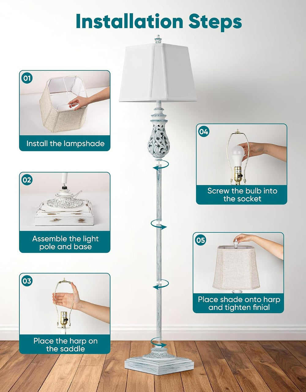 64'' Vintage Floor Lamp with Nightlight, Wash Blue (Bulb Included)