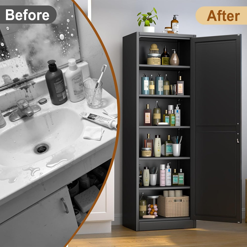 Tall Metal Narrow Bathroom Storage Locker Cabinet 67" H, Black Kitchen P...