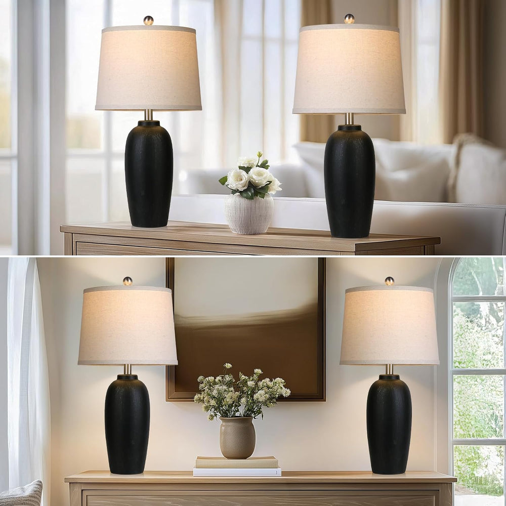 Jar Table Lamps Set of 2, 25" Ceramic Bedside Lamps for Living Room, Bla...