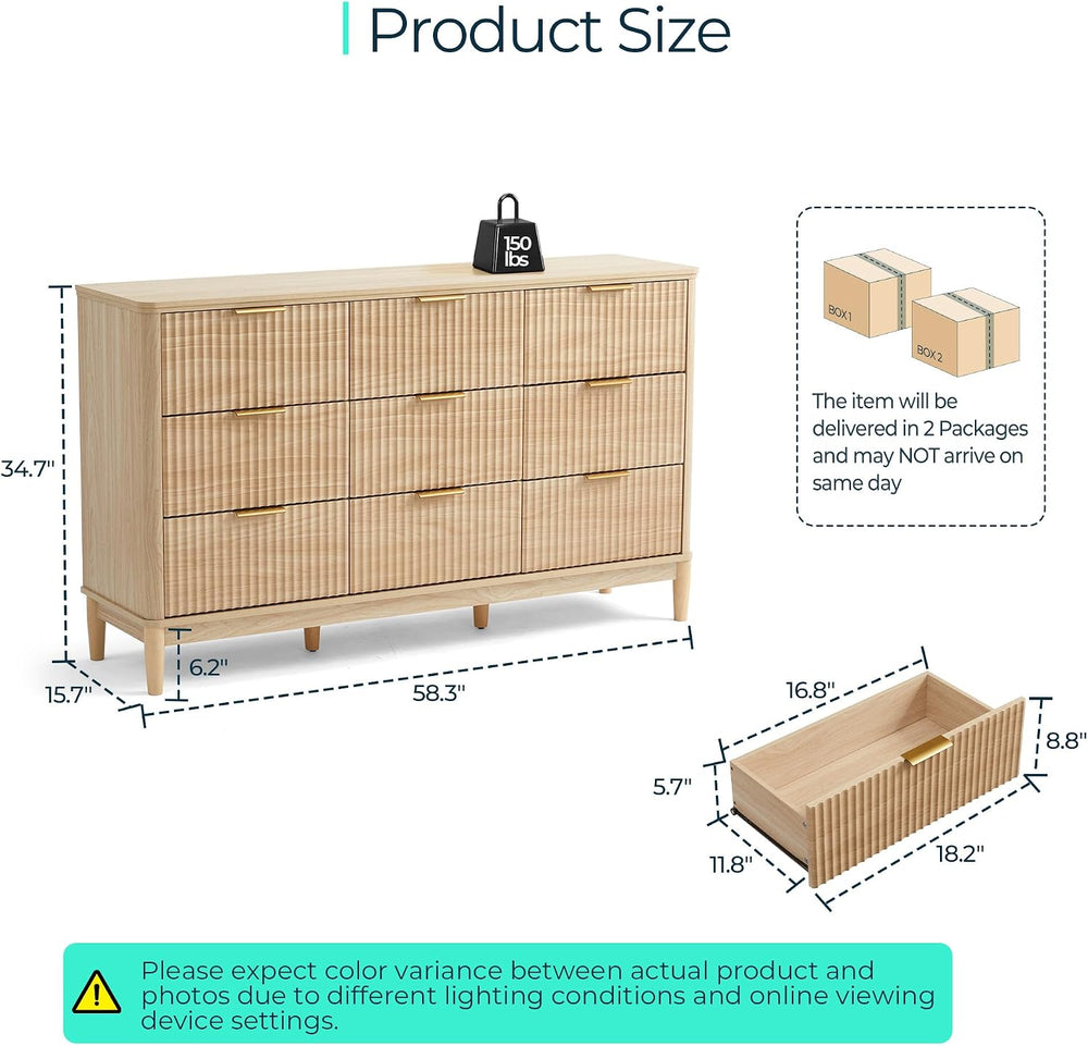 LINSY HOME Fluted Dresser for Bedroom with 9 Drawers, 58" Wide Mid Centu...