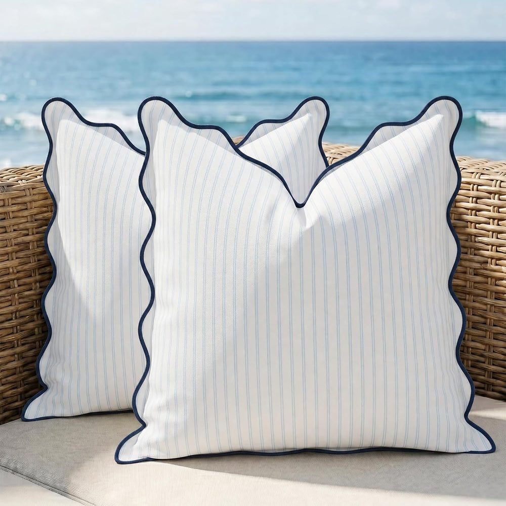 DEZENE 18x18 Blue Outdoor Pillow Covers Pack of 2, Striped Scalloped Coastal ...