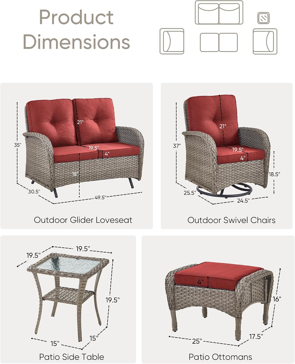 HUMMUH 6 Piece Wicker Patio Set, Swivel Rockers & Glider, Grey/Red